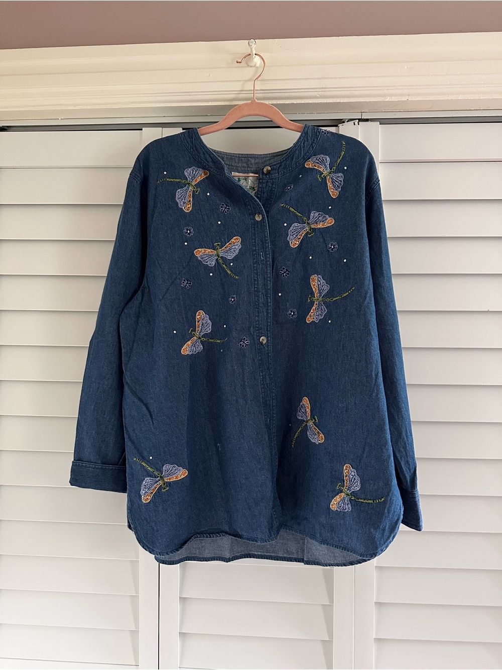 NWT Quacker Factory Denim Blue Button-Up Shirt with Embroidered Dragonflies